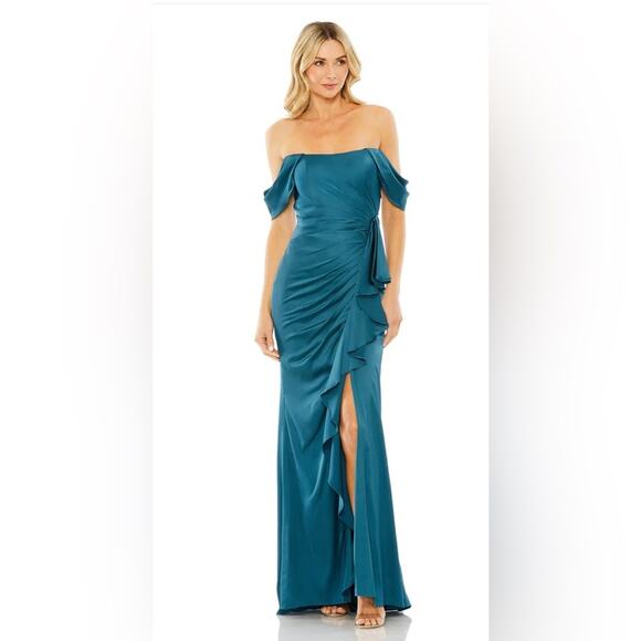 Ieena for Mac Duggal 20678 off shoulder ruffle front slit size 6 nwt
